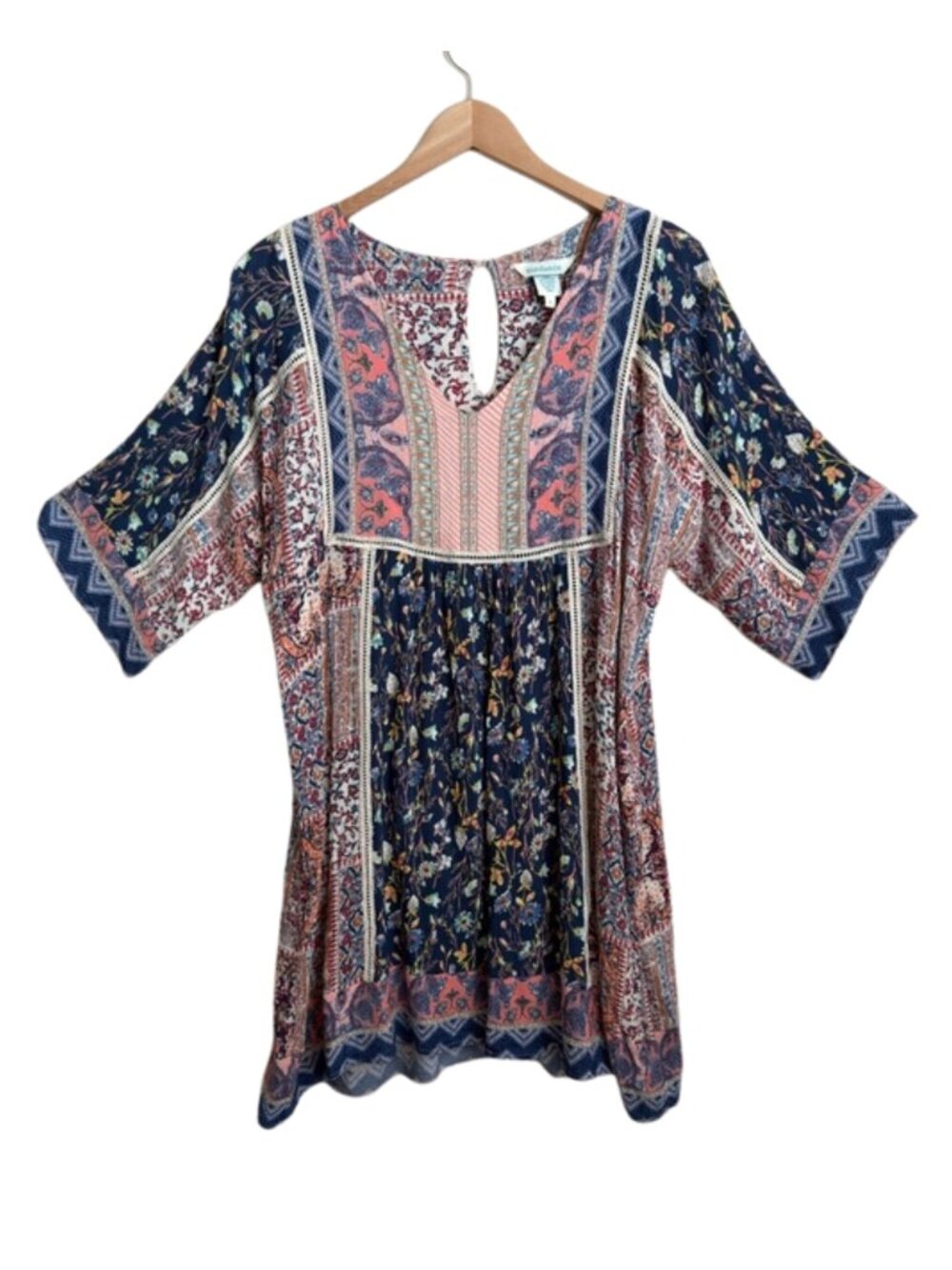 SUNDANCE Patchwork Paisley Floral Boho Tunic Dress L Rayon Mixed Print Blue Lg